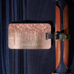 Étiquette À Bagage Signature Féminin Paillettes Rose Doré Étincelant