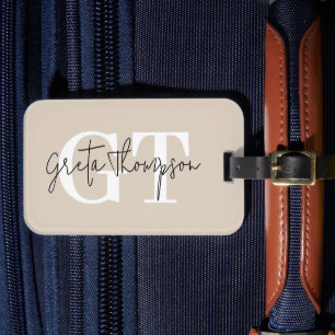 Étiquette À Bagage Signature monogramme nom noir et blanc Beige