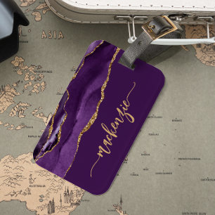 Étiquette À Bagage Signature Personnalisée Agate Violette Or