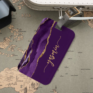 Étiquette À Bagage Signature Personnalisée Agate Violette Or