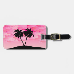 Étiquette À Bagage Silhouette de palmier contre l'aube rose avec nuag