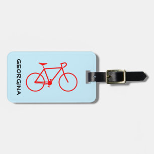 Étiquette À Bagage Silhouette simple à bicyclette rouge + Nom personn