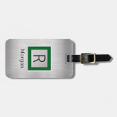 Étiquette À Bagage Silve Metal, Business, Name & Monogram, Green Box (Devant horizontal)