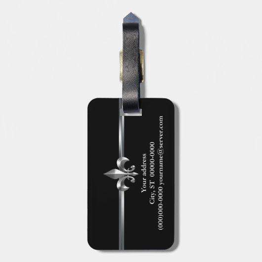 Étiquette À Bagage Silver Fleur de Lis noir (Dos Vertical)