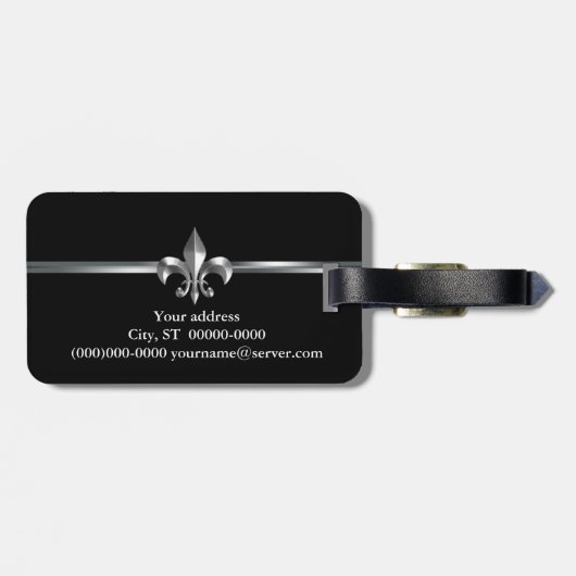 Étiquette À Bagage Silver Fleur de Lis noir (Dos horizontal)