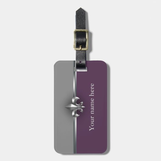 Étiquette À Bagage Silver Fleur de Lis pourpre gris (Devant Vertical)