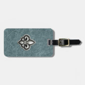 Étiquette À Bagage Silver Fleur de Lis sur simili cuir turquoise (Devant horizontal)