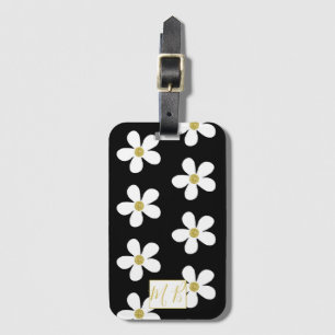 Étiquette À Bagage Simple Black White Daisy Gold Monogramme Voyage