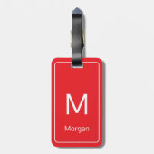 Étiquette À Bagage Simple Bright Red Blanc Monogramme & Nom Modèle (Dos Vertical)