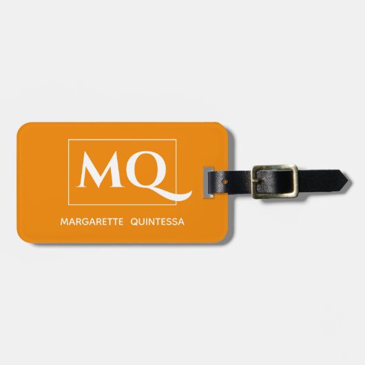 Étiquette À Bagage Simple Elegant Tangerine Orange et Monogramme blan (Devant horizontal)