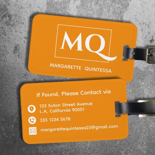 Étiquette À Bagage Simple Elegant Tangerine Orange et Monogramme blan