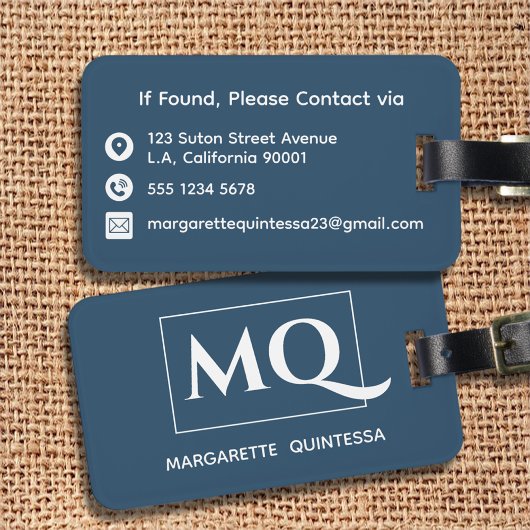 Étiquette À Bagage Simple élégante Monogramme bleu foncé Typographie 
