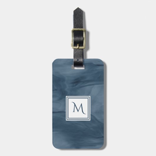 Étiquette À Bagage Simple Marine Bleu Marbre subtil Monogramme modern (Devant Vertical)
