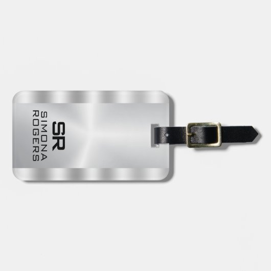 Étiquette À Bagage Simple, Metallic Silver Personalized Gry Text (Devant horizontal)