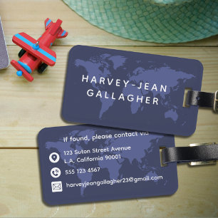 Étiquette À Bagage Simple moderne Marine Blue Masculine World Map Voy