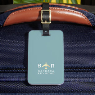 Étiquette À Bagage Simple Monogramme Avion Voyage Bleu