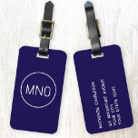 Étiquette À Bagage Simple Monogramme Initiales Minimaliste Marine Ble<br><div class="desc">La typographie moderne minimaliste monogramme design initial qui peut être modifié pour personnaliser. Bordure circulaire simple pour encadrer les initiales. Modifiez les initiales et les détails à l'envers pour personnaliser. Bleu marine nautique et blanc.</div>