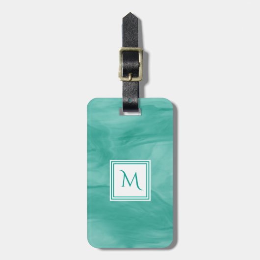 Étiquette À Bagage Simple Turquoise Vert Marbre subtil Monogramme mod (Devant Vertical)