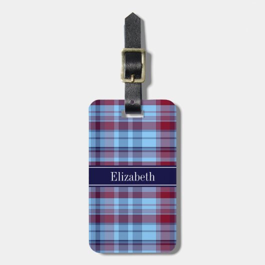 Étiquette À Bagage Sky Blue Navy Bourgogne Preppy Madras N Monogram (Devant Vertical)