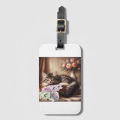 Étiquette À Bagage Sleepy Kitty sur valise avec fleurs (Devant Vertical)
