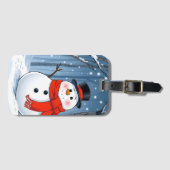 Étiquette À Bagage Snowman dans la forêt froide avec foulard rouge (Devant Horizontal)