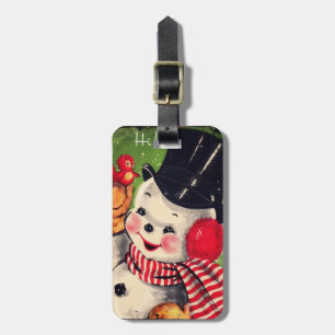 Étiquette À Bagage Snowman vintage avec Oiseau Rouge
