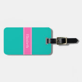 Étiquette À Bagage Solid Teal, Hot Pink #2 Ribbon Nom monogram (Devant horizontal)