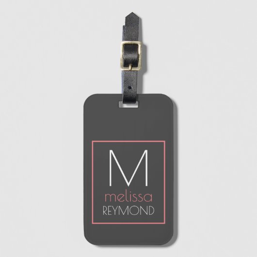 Étiquette À Bagage Son nom monogramme moderne gris & rose (Devant Vertical)