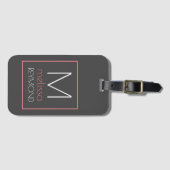 Étiquette À Bagage Son nom monogramme moderne gris & rose (Devant Horizontal)