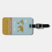 Étiquette À Bagage Son voyage moderne et chic or/bleu (Devant horizontal)