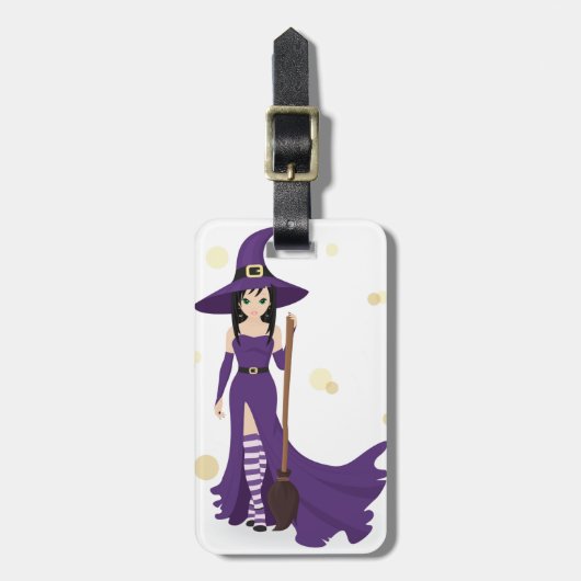 Étiquette À Bagage Sorcière violette avec balai (Devant Vertical)