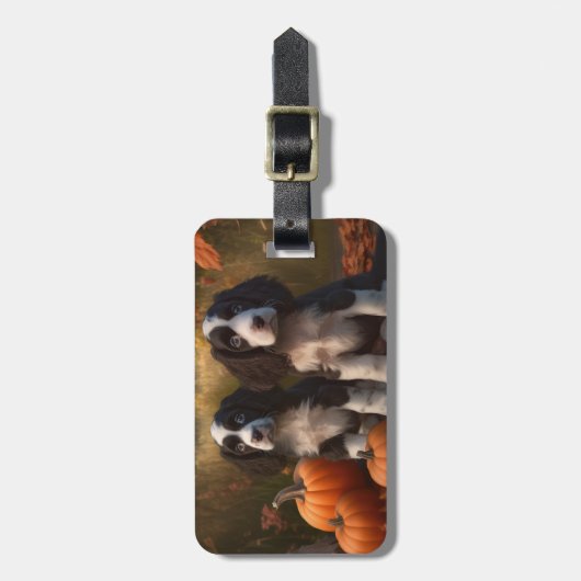 Étiquette À Bagage Springer Spaniel Chiot Automne Citrouille de plais (Devant Vertical)