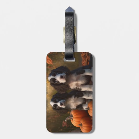 Étiquette À Bagage Springer Spaniel Chiot Automne Citrouille de plais (Dos Vertical)