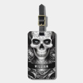 Étiquette À Bagage Squelette gothique Crâne Noir et blanc Nom (Devant Vertical)