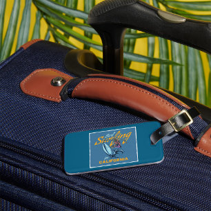 Étiquette À Bagage Squelette Vintage Faisant du Surf sur une Plage Ca