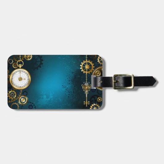 Étiquette À Bagage Steampunk Arrière - plan turquoise avec Gears (Devant horizontal)