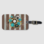 Étiquette À Bagage Steampunk Clock and Turquoise Roses on Striped (Devant Horizontal)
