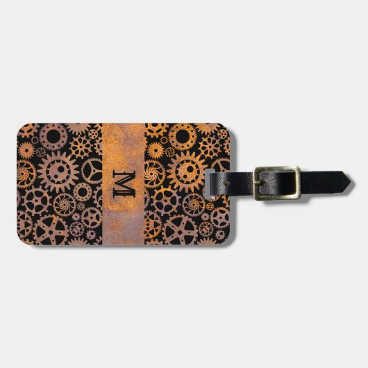 Étiquette À Bagage Steampunk Rousty Acier engrenages Monogramme perso (Devant horizontal)