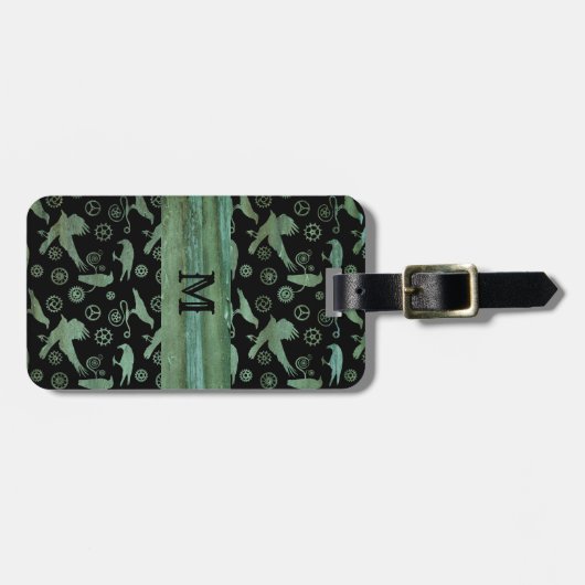 Étiquette À Bagage Steampunk Verdigris Gears and Crows monogram (Devant horizontal)