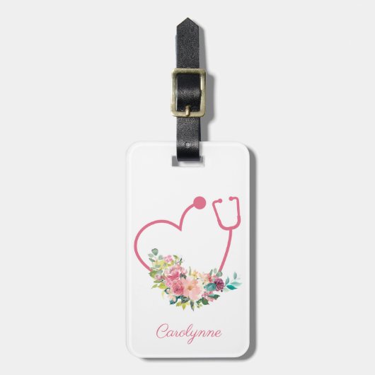 Étiquette À Bagage Stéthoscope rose Floral Infirmière cardiaque (Devant Vertical)