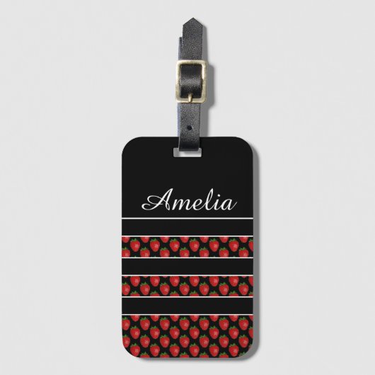 Étiquette À Bagage Strawberry Stripes Black Personalised (Devant Vertical)