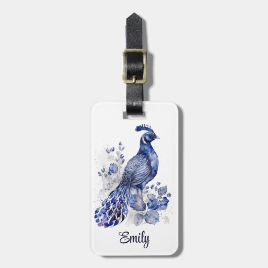 Étiquette À Bagage Style bleu et blanc Delft paon avec fleurs (Devant Vertical)