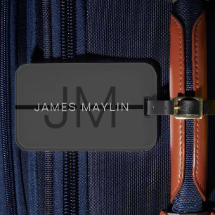 Étiquette À Bagage Stylé Masculin Gris Foncé Nom & Monogramme 