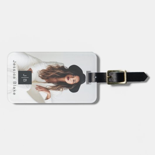 Étiquette À Bagage Style Moderne Entrepreneur Monogramme Photo QR Cod (Devant horizontal)