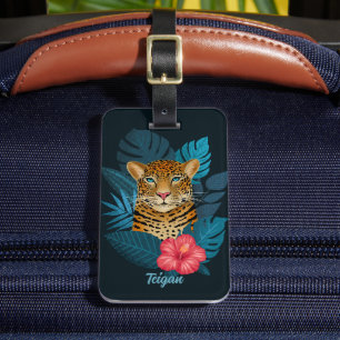 Étiquette À Bagage Stylish Jungle Leopard Nom Floral Enfants Bleu