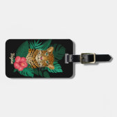 Étiquette À Bagage Stylish Jungle Leopard Nom Floral Enfants | Noir (Devant horizontal)