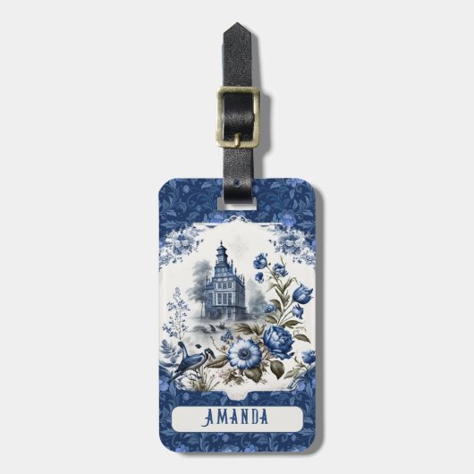 Étiquette À Bagage Superbe château floral Bleu toile de jouy monogram (Devant Vertical)