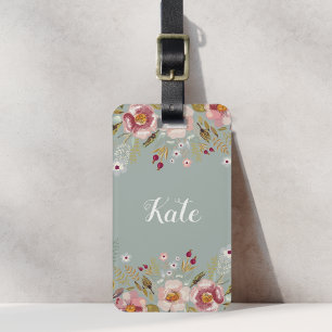 Étiquette À Bagage Superbe sauge verte florale rose personnalisée