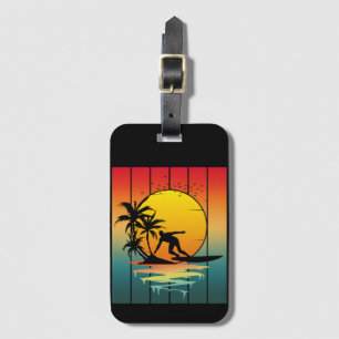 Étiquette À Bagage Surf de coucher de soleil vintage surfeur océan