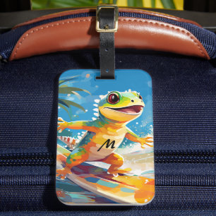 Étiquette À Bagage Surf Gecko Riding Les Vagues